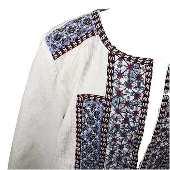 CHICOS Size 3 16/18 Cotton White Beads Sequins Embroidered Open Quilt Jacket - Picture 3 of 11
